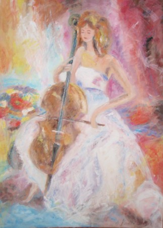 Violončelistka, 50x70 cm, tempera na doske